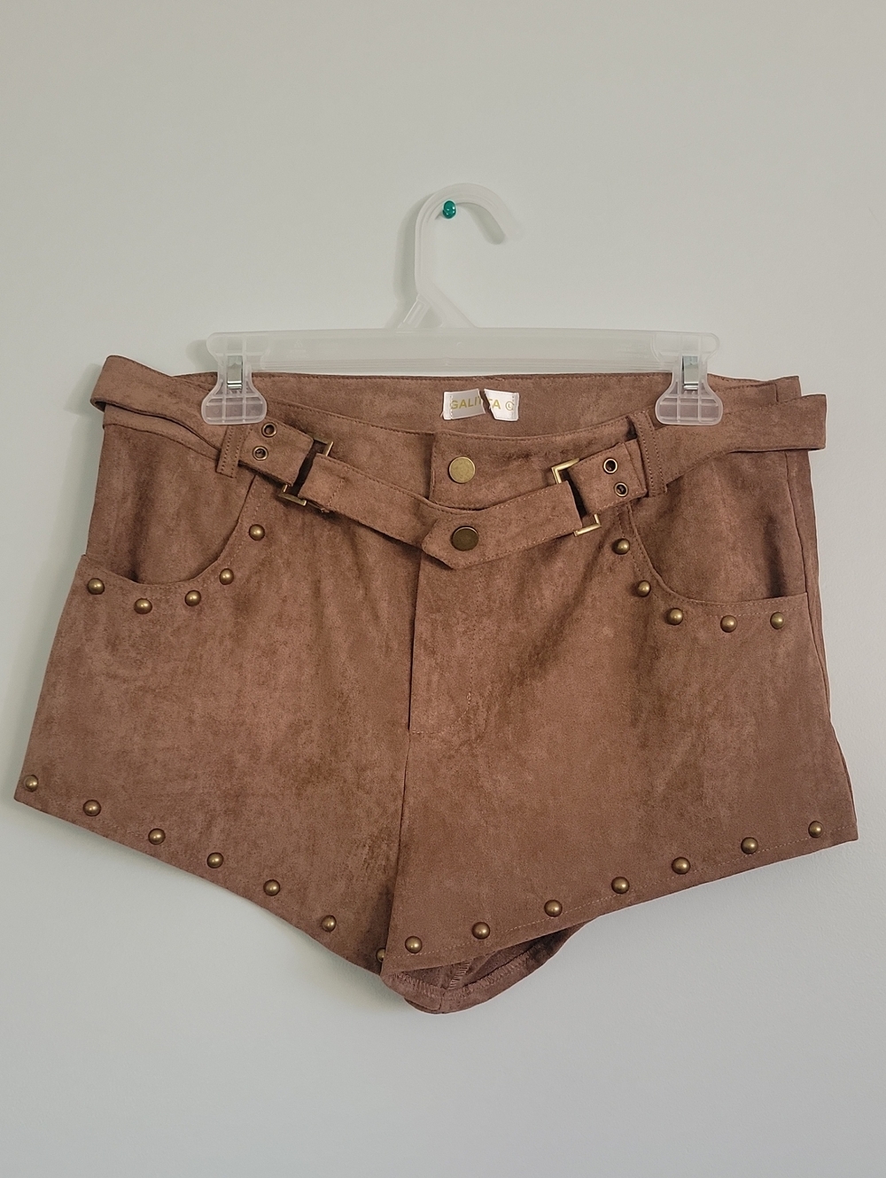Brown Suede-Look Studded High-Waist Shorts with Belt Size L (1050)